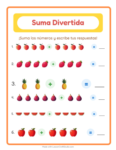 Vista previa de la hoja de Suma con Frutas para jardín infantil