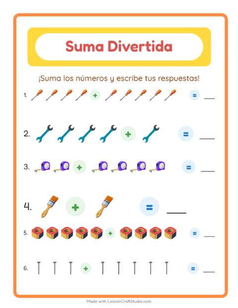 Vista previa de la hoja de Suma con Herramientas para jardín infantil