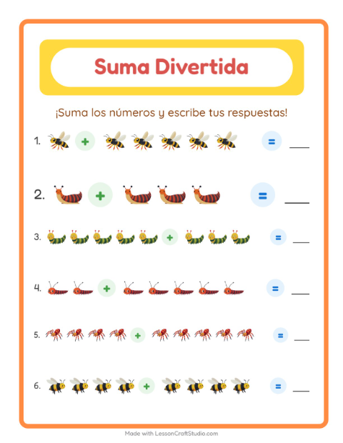 Vista previa de la hoja de Suma con Insectos y bichos para jardín infantil