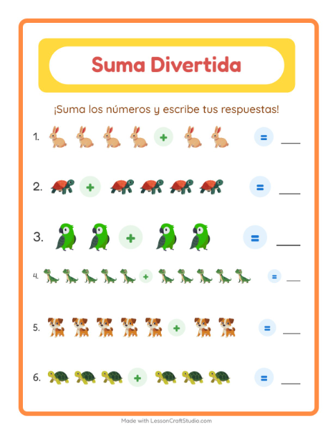 Vista previa de la hoja de Suma con Mascotas para jardín infantil