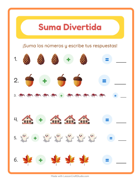Vista previa de la hoja de Suma con Misceláneo para jardín infantil