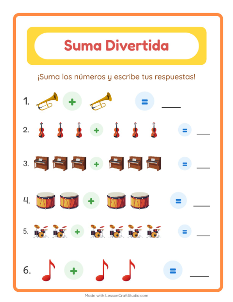 Vista previa de la hoja de Suma con Música para jardín infantil
