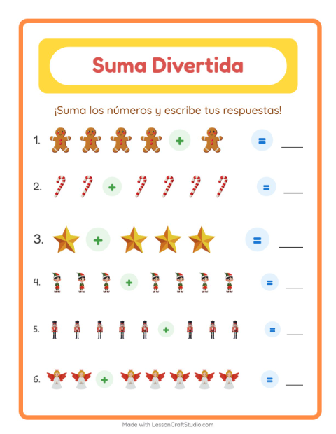 Vista previa de la hoja de Suma con Navidad para jardín infantil