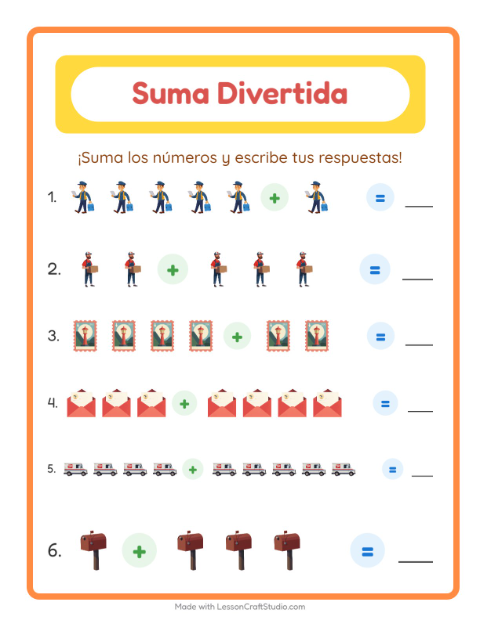 Vista previa de la hoja de Suma con Oficina de correos para jardín infantil