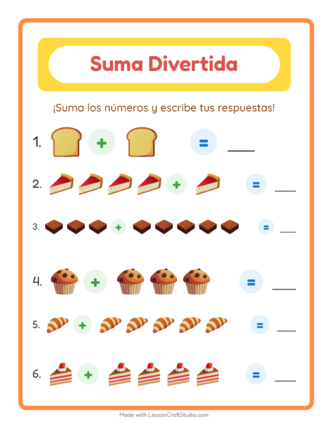 Vista previa de la hoja de Suma con Panadería para jardín infantil