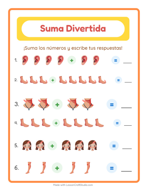 Vista previa de la hoja de Suma con Partes del cuerpo para jardín infantil