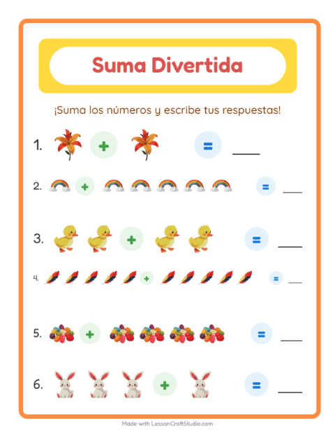 Vista previa de la hoja de Suma con Pascua para jardín infantil