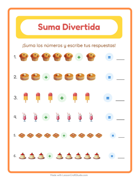 Vista previa de la hoja de Suma con Postres y dulces para jardín infantil