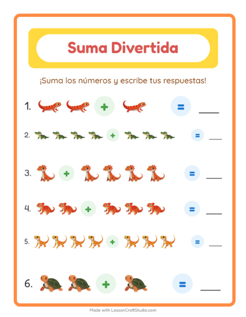 Vista previa de la hoja de Suma con Reptiles y anfibios para jardín infantil