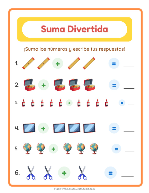 Vista previa de la hoja de Suma con Salón de clases para jardín infantil
