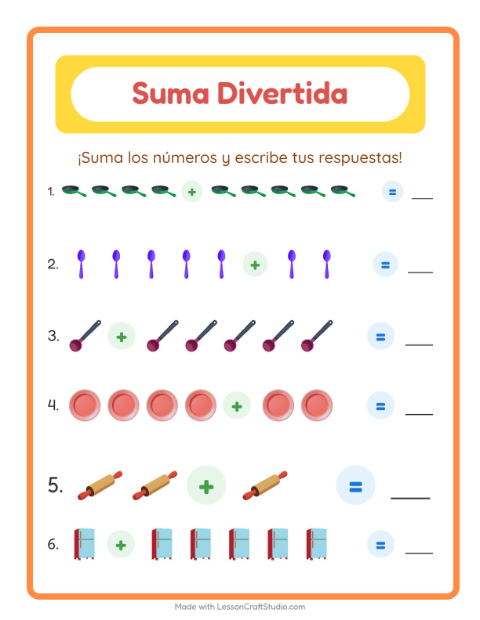 Vista previa de la hoja de Suma con Utensilios de cocina para jardín infantil