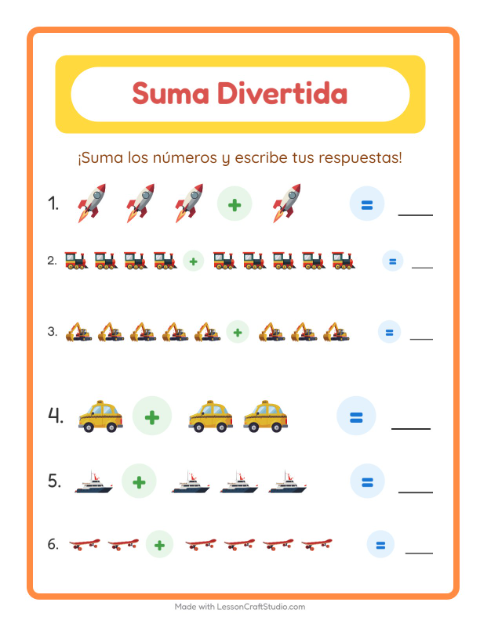 Vista previa de la hoja de Suma con Vehículos para jardín infantil