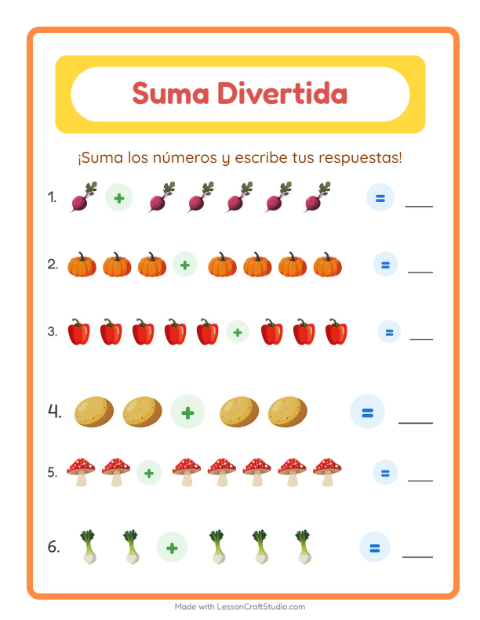 Vista previa de la hoja de Suma con Verduras para jardín infantil