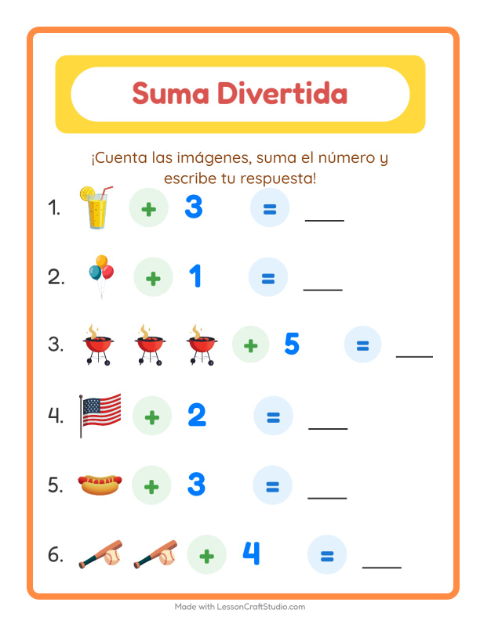 Vista previa de la hoja de Suma con 4 de Julio para jardín infantil