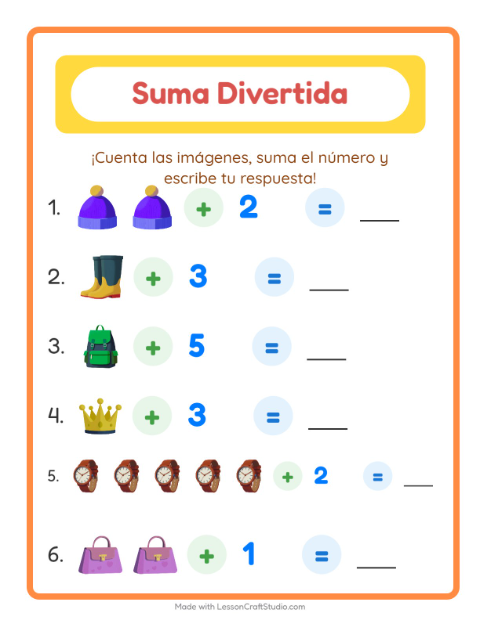 Vista previa de la hoja de Suma con Accesorios para jardín infantil
