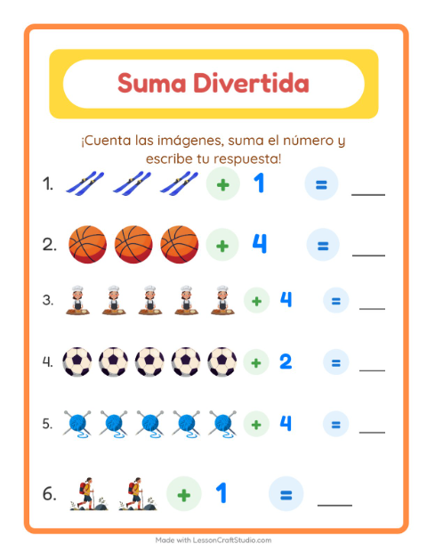 Vista previa de la hoja de Suma con Actividades para jardín infantil