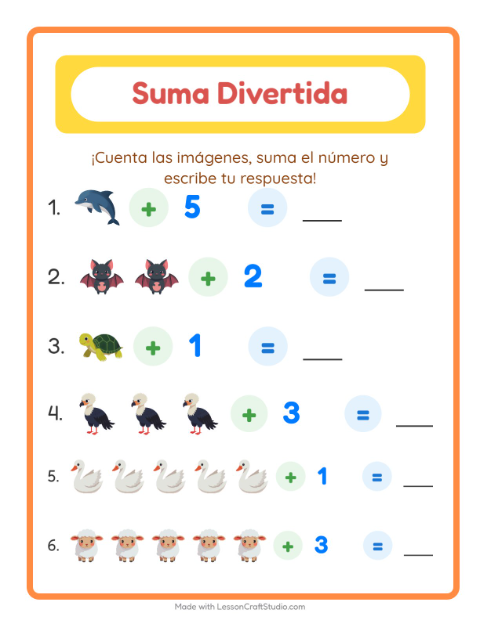 Vista previa de la hoja de Suma con Animales para jardín infantil