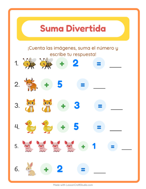 Vista previa de la hoja de Suma con Animales de granja para jardín infantil