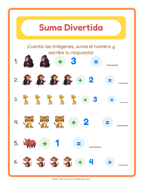 Vista previa de la hoja de Suma con Animales del zoológico para jardín infantil