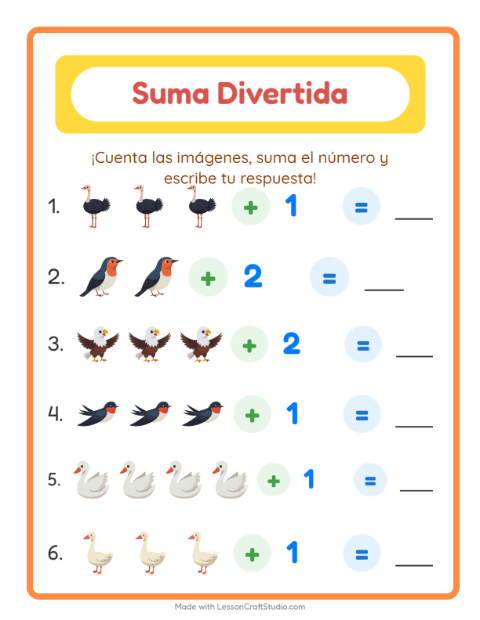 Vista previa de la hoja de Suma con Aves 2 para jardín infantil