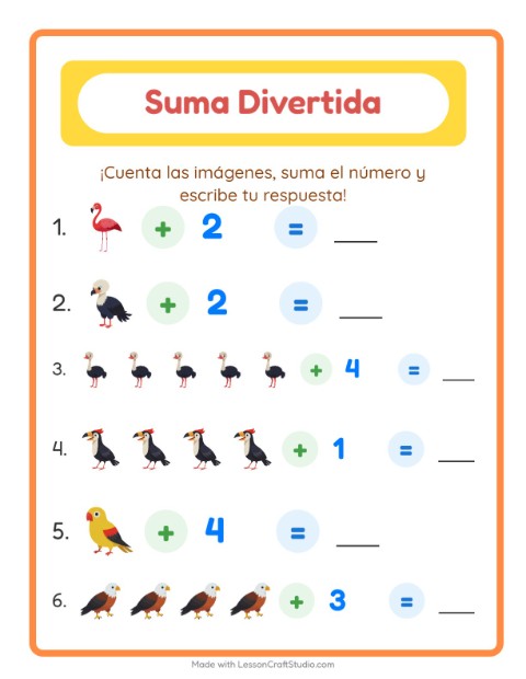 Vista previa de la hoja de Suma con Aves para jardín infantil