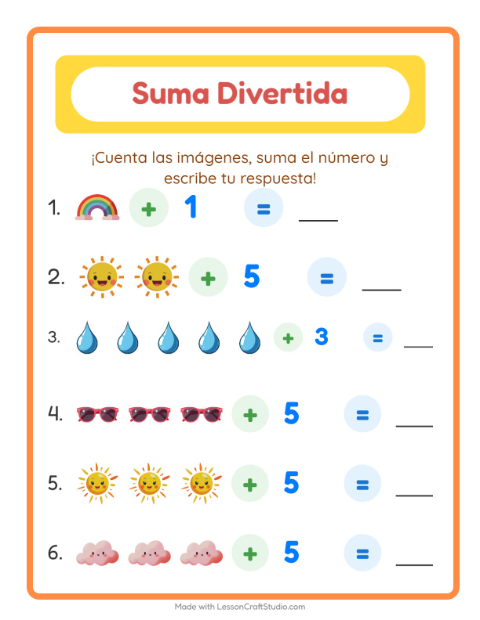 Vista previa de la hoja de Suma con Clima para jardín infantil