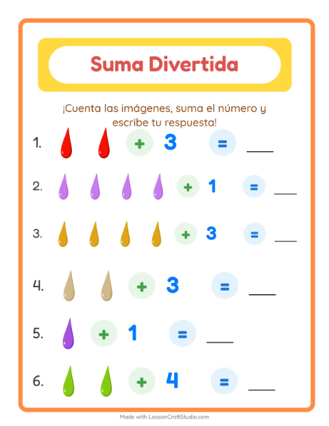 Vista previa de la hoja de Suma con Colores para jardín infantil