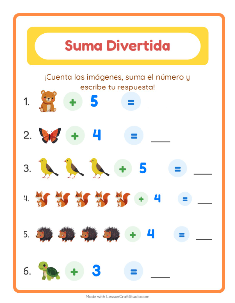 Vista previa de la hoja de Suma con Criaturas del bosque para jardín infantil