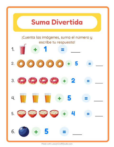 Vista previa de la hoja de Suma con Desayuno para jardín infantil