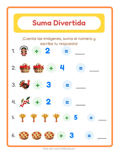 Vista previa de la hoja de Suma con Día de Acción de Gracias para jardín infantil