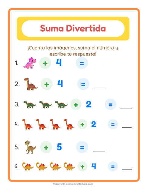 Vista previa de la hoja de Suma con Dinosaurios para jardín infantil