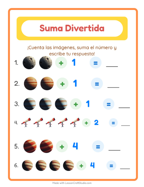 Vista previa de la hoja de Suma con Espacio para jardín infantil