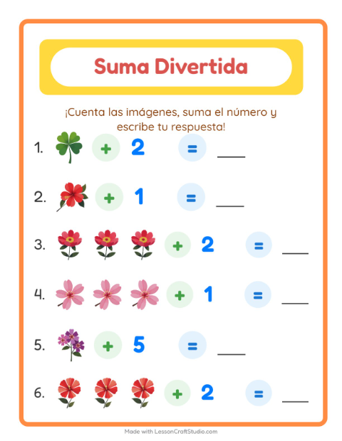 Vista previa de la hoja de Suma con Flores para jardín infantil
