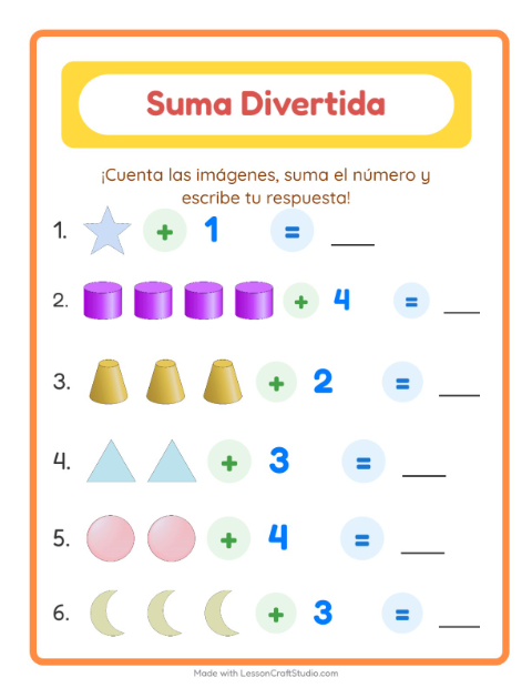 Vista previa de la hoja de Suma con Formas para jardín infantil
