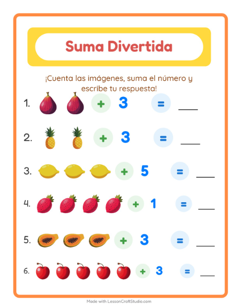 Vista previa de la hoja de Suma con Frutas para jardín infantil