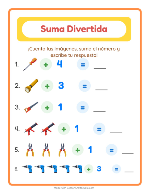 Vista previa de la hoja de Suma con Herramientas para jardín infantil