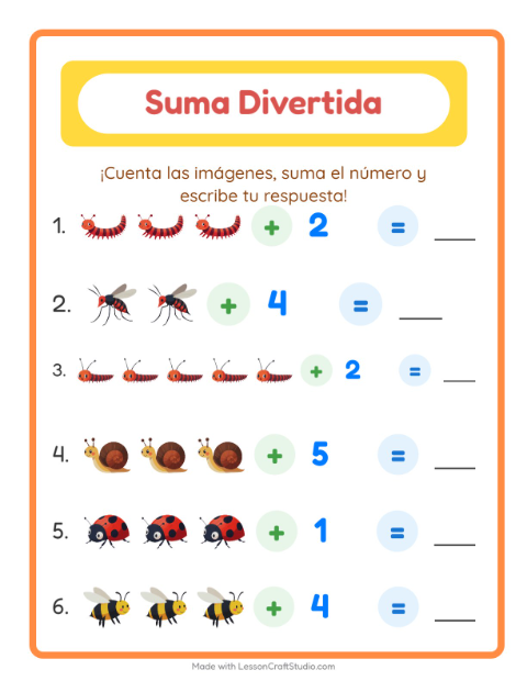 Vista previa de la hoja de Suma con Insectos y bichos para jardín infantil