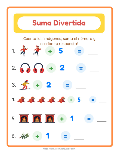 Vista previa de la hoja de Suma con Invierno para jardín infantil