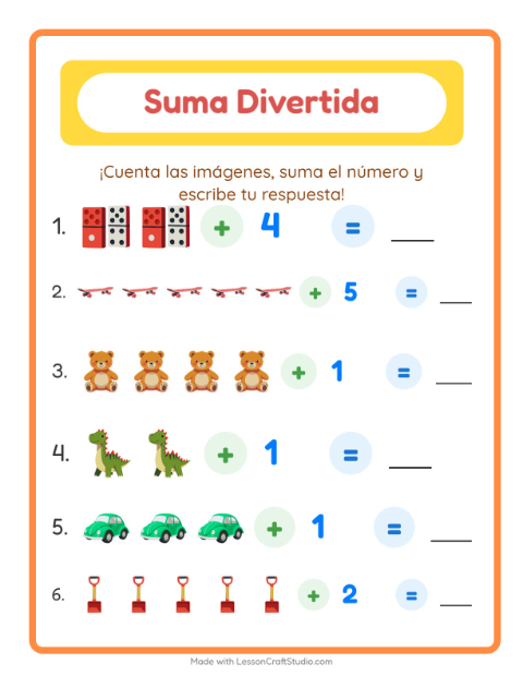 Vista previa de la hoja de Suma con Juguetes para jardín infantil