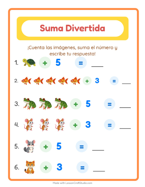 Vista previa de la hoja de Suma con Mascotas para jardín infantil