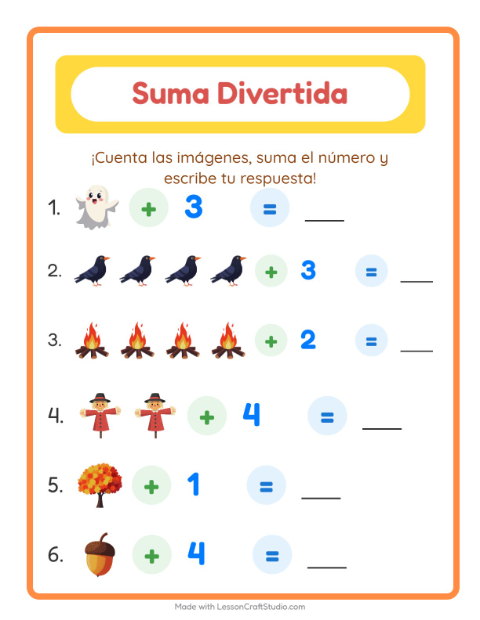 Vista previa de la hoja de Suma con Misceláneo para jardín infantil