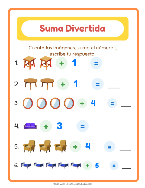 Vista previa de la hoja de Suma con Muebles para jardín infantil