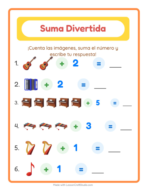 Vista previa de la hoja de Suma con Música para jardín infantil