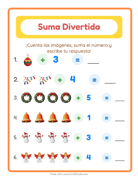 Vista previa de la hoja de Suma con Navidad para jardín infantil
