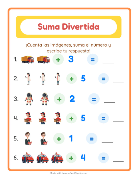 Vista previa de la hoja de Suma con Ocupaciones para jardín infantil