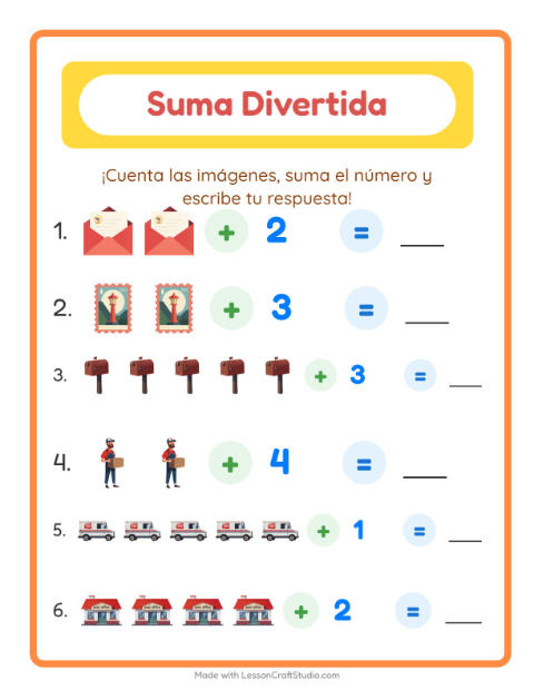 Vista previa de la hoja de Suma con Oficina de correos para jardín infantil
