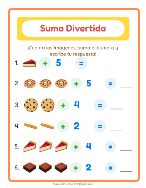 Vista previa de la hoja de Suma con Panadería para jardín infantil