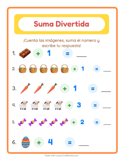 Vista previa de la hoja de Suma con Pascua para jardín infantil