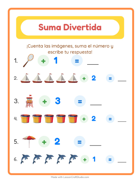 Vista previa de la hoja de Suma con Playa para jardín infantil