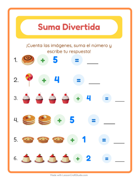 Vista previa de la hoja de Suma con Postres y dulces para jardín infantil